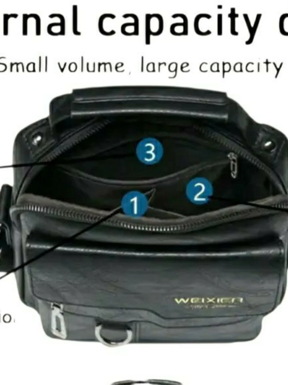 WEIXIER mens black genuine structured leather messenger bag.